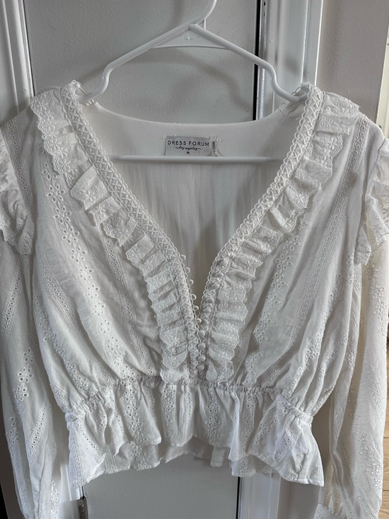 Dress Forum Tops - Dress Forum White Eyelet Ruffle V-Neck Peplum Blouse